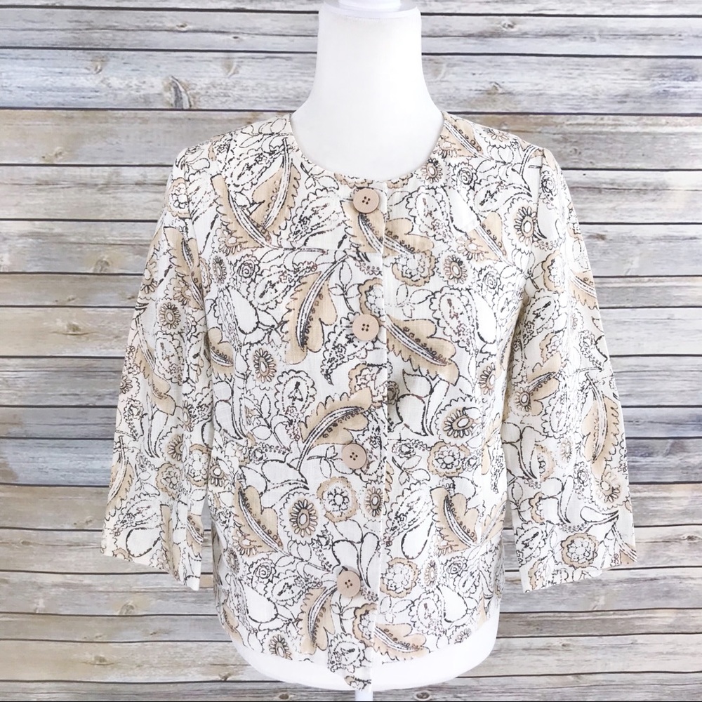 J. Jill Linen Blend Floral Button Front Jacket Top